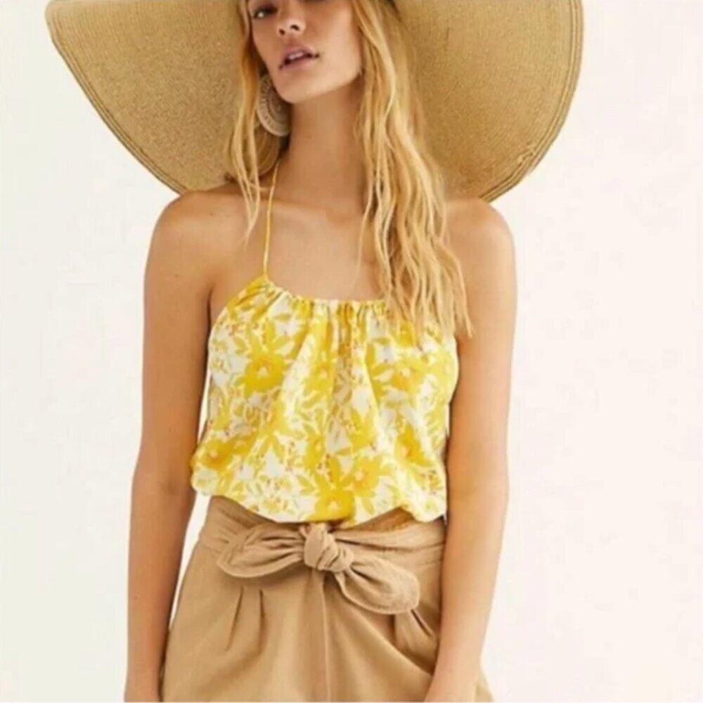 Free People Liza Yellow Floral Halter Bodysuit